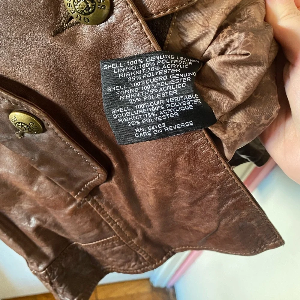 Guess Brown Leather Jacket with Fabric Collar and Gold Tone Hardware